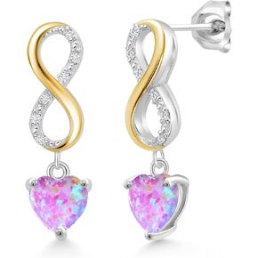 Gem Stone King Keren Hanan 1.56 Ct Heart Shape 6mm Pink Simulated Opal 925 Silver and 10K Yellow Gold Lab Grown Diamond Infinity Dangle Earrings