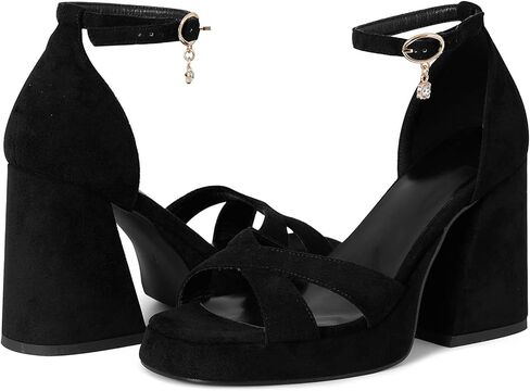 صندل بكعب سميك مفتوح من الامام للنساء من اكلوريس، صندل بكعب سميك بكعب عريض للنساء لحفلات الزفاف، حذاء شمواه اسود، مقاس 7, بلاك سويد in Kuwait