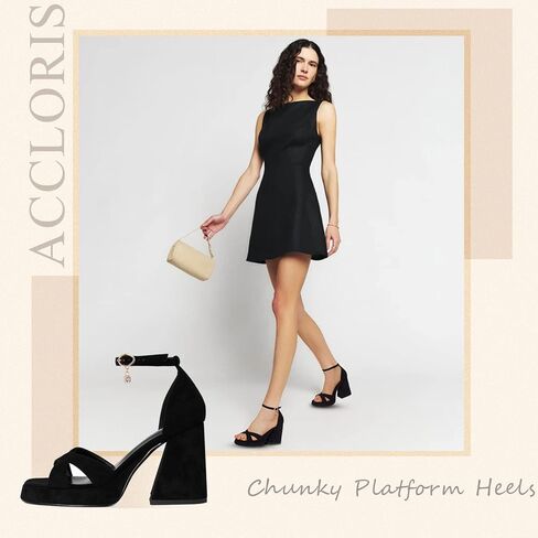 صندل بكعب سميك مفتوح من الامام للنساء من اكلوريس، صندل بكعب سميك بكعب عريض للنساء لحفلات الزفاف، حذاء شمواه اسود، مقاس 7, بلاك سويد in Kuwait