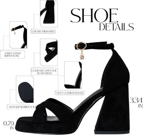 صندل بكعب سميك مفتوح من الامام للنساء من اكلوريس، صندل بكعب سميك بكعب عريض للنساء لحفلات الزفاف، حذاء شمواه اسود، مقاس 7, بلاك سويد in Kuwait