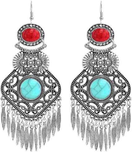 Retro Bohemia Ethnic Fan Shape Turquoise Dangle Earring Antique Gypsy Flower Tassels Drop Statement Earring for Women Girls Fashion Jewelry Gift, Zinc, No Gemstone in Kuwait