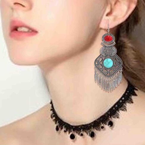 Retro Bohemia Ethnic Fan Shape Turquoise Dangle Earring Antique Gypsy Flower Tassels Drop Statement Earring for Women Girls Fashion Jewelry Gift, Zinc, No Gemstone in Kuwait