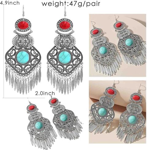 Retro Bohemia Ethnic Fan Shape Turquoise Dangle Earring Antique Gypsy Flower Tassels Drop Statement Earring for Women Girls Fashion Jewelry Gift, Zinc, No Gemstone in Kuwait