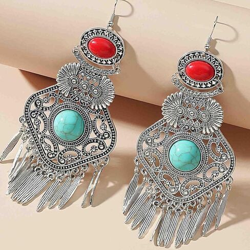 Retro Bohemia Ethnic Fan Shape Turquoise Dangle Earring Antique Gypsy Flower Tassels Drop Statement Earring for Women Girls Fashion Jewelry Gift, Zinc, No Gemstone in Kuwait