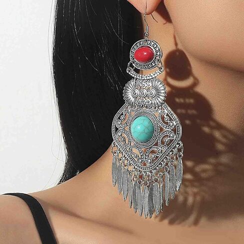 Retro Bohemia Ethnic Fan Shape Turquoise Dangle Earring Antique Gypsy Flower Tassels Drop Statement Earring for Women Girls Fashion Jewelry Gift, Zinc, No Gemstone in Kuwait
