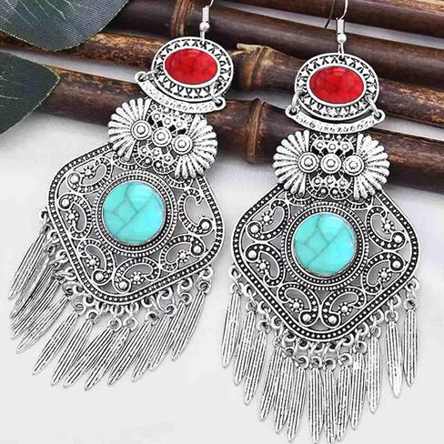 Retro Bohemia Ethnic Fan Shape Turquoise Dangle Earring Antique Gypsy Flower Tassels Drop Statement Earring for Women Girls Fashion Jewelry Gift, Zinc, No Gemstone in Kuwait