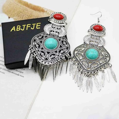 Retro Bohemia Ethnic Fan Shape Turquoise Dangle Earring Antique Gypsy Flower Tassels Drop Statement Earring for Women Girls Fashion Jewelry Gift, Zinc, No Gemstone in Kuwait