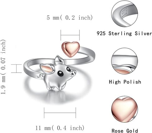 925 Sterling Silver Pig Rings for Daughter - Cute Heart Animal Adjustable Thumb Ring Jewelry Gift for Women, Sterling Silver, No Gemstone in Kuwait