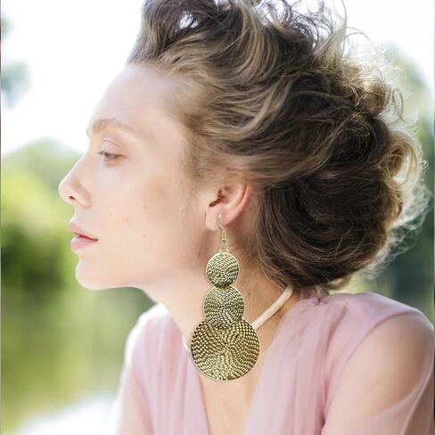 Carved Large Round Dangle Earrings for Women Girls Bohemia Geometric Three Circle Disc Long Drop Earrings Statement Earring Fashion Jewelry in Kuwait