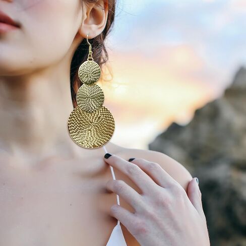 Carved Large Round Dangle Earrings for Women Girls Bohemia Geometric Three Circle Disc Long Drop Earrings Statement Earring Fashion Jewelry in Kuwait