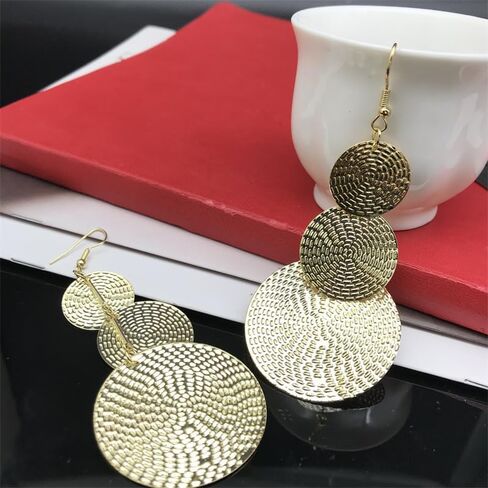 Carved Large Round Dangle Earrings for Women Girls Bohemia Geometric Three Circle Disc Long Drop Earrings Statement Earring Fashion Jewelry in Kuwait