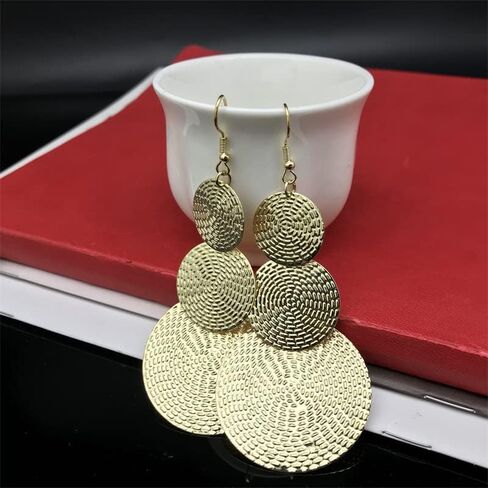 Carved Large Round Dangle Earrings for Women Girls Bohemia Geometric Three Circle Disc Long Drop Earrings Statement Earring Fashion Jewelry in Kuwait
