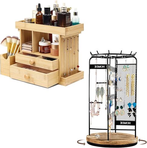 منظم تخزين المجوهرات من الخيزران من Homde + حامل مجوهرات يدور 360 درجة in Kuwait