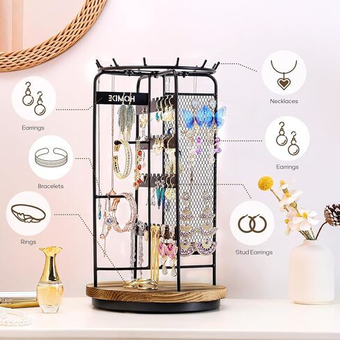 منظم تخزين المجوهرات من الخيزران من Homde + حامل مجوهرات يدور 360 درجة in Kuwait