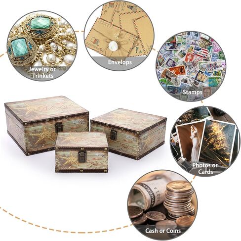 إلدو مجموعة من 3 صناديق كنز عتيقة، صندوق تذكارات القراصنة لهدايا الاطفال، صندوق تخزين كنز خشبي للبنات والنساء، صندوق مزخرف للمجوهرات وحلي اللؤلؤ in Kuwait
