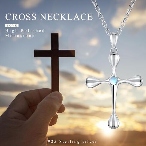 QUALISE 925 Sterling Silver Cross Necklace for Women, Teardrop Pendant Necklace Jewelry，Moonstone Necklace for Wife Friend Teen Girls Mother's Day Christmas Valentines Anniversary Birthday Gifts in Saudi Arabia