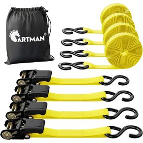 Cartman Ratchet Tie Down, 4Pk 15Ft, 500Lbs Load Cap/ 1500Lbs Break Strength, Cargo Straps for Moving Appliances, Lawn Equipment, Motorcycle in a Truck, with Carry Bag