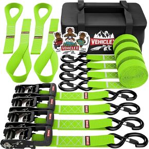 Vehiclex (4PK) Heavy Duty Ratchet Straps & Soft Loops - 1.5" x 8 ft Kit - 4400 lb Break Strength - Motorcycle & Powersports Tie-Downs (Green) - A Sturdy Bonus Bag & 4 Velcro Loops