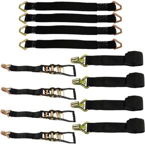 4 PCS Car Tie Down Axle Straps Kit with Heavy Duty Ratchet J-Hooks Clips 4 Velcro Loops for a Car Trailer