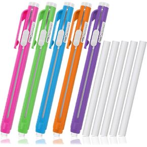 10 Pcs Pen-Style Erasers Set, 5 Retractable Click Eraser Pen Shell + 5 Eraser,Mechanical Eraser Pencil, Bar Erasers for Kids Students Artist Painting Writing, Home School Office Supplies