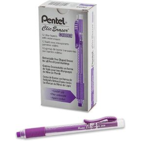 Pentel Clic Colors Retractable Eraser with Grip, Violet Barrel, Box of 12 (ZE23V)