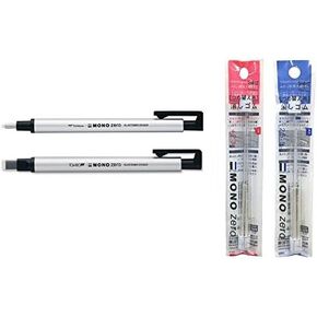 Tombow Mono Zero Eraser Holder Set Includes Round Tip Eraser Holder,Sqaure Tip Eraser Holder & Round Refill & Sqaure Refill (1 Refill has 2 erasers.Total 4 erasers) [Choose Color] (Silver)