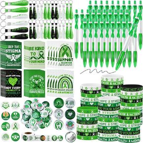 durony 181 Pieces Mental Health Awareness Set Include Mental Health Awareness Silicone Bracelet Pens Keychains Mini Notebooks Buttons & Stickers Green Ribbon Awareness Accessories for Event Charity