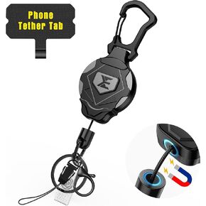 ELV Heavy Duty Retractable Keychain with Magnetic Closure and Carabiner, Retractable ID Badge Holder Clip, Retractable Badge Reel with 31" Dyneema Cord, Key Ring, Lobster Claw Clasp and Phone Tethers