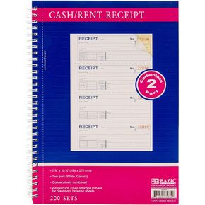 BAZIC Cash Money or Rent Spiral Bound Receipt Book, 200 Sets 7 5/8" x 10 7/8" 2-Part Carbonless, White & Canary, Bound Wraparound Cover (200 Sets/Pk), 1-Pack