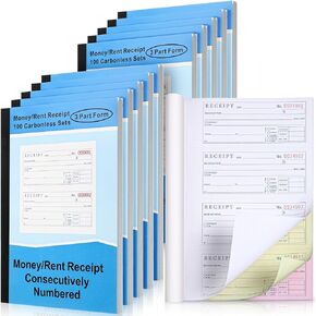 Crtiin 10 Sets Money and Rent Receipt Book 3 Part Carbonless, 7-5/8" x 10-7/8" Bound Cover, Receipt Log Book 100 Sets Per Book 4 Receipts Per Page