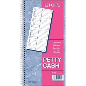 TOPS Spiral Petty Cash Receipt Book, 2-Part, Carbonless, 4 Messages per Page, 200 Sets per Book (4109)