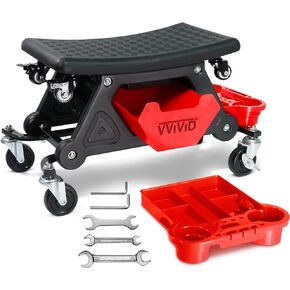 VViViD Mechanic Bench 300lbs Capacity Garage Stool with Detachable Creeper for Mechanics & Detailers, Storage Trays and Drawer for Tools, Towels and Bottles, 360° Swivel Wheels with Locks