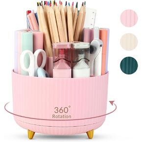 SKYDUE 360 Degree Rotating Desk Organizer, Dual-Purpose Pencil Pen Holder for Desktop, Rotating Desk Pen Organizer with 5 Slots, Pencil Cup for School, Home, Office Supplies (Bean Green)