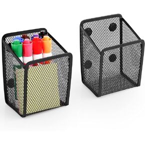 Magnetic Pencil Holder - Extra Strong Magnets Mesh Marker Holder Perfect for Whiteboard, Refrigerator and Locker Accessories (3 Baskets, 1 Pack Black)