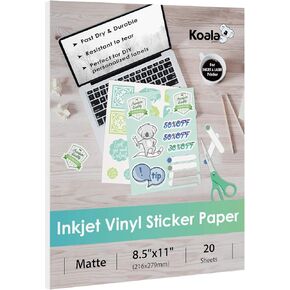 Koala Printable Vinyl Sticker Paper for Inkjet Printer - 20 Sheets Matte White Vinyl Sticker Paper, Waterproof Sticker Paper 8.5x11 Inch, Work with Cutting Machine