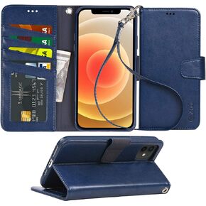Arae Case for iPhone 12 / iPhone 12 Pro 6.1 inch Wallet Case Flip Cover with Card Holder and Wrist Strap for iPhone 12 / iPhone 12 Pro 6.1 inch - Black