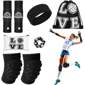 Vabean 8 Pcs Volleyball Accessories,Include Volleyball Arm Sleeves Volleyball Knee Pads Sport Hair Scrunchies Sweat Band Drawstring Bag Cosmetic Bag Volleyball Wrist Guard Knee Brace