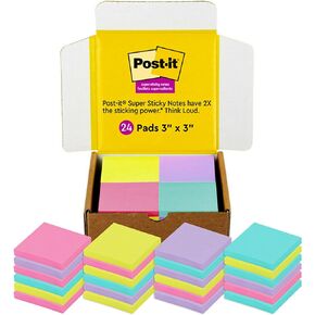 Post-it Super Sticky Notes, 3x3 in, 24 Pads/Pack, 70 Sheets/Pad, Amazon Exclusive Bright Color Collection, Aqua Splash, Acid Lime, Tropical Pink and Iris Infusion