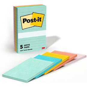 Post-it Notes, 4 in x 6 in, 5 Lined Sticky Note Pads, 100 Sheets per Pad, Beachside Café Collection, New Year Organization or Second Semester School Supplies in Kuwait
