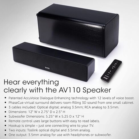 مكبر صوت تلفزيون ZVOX AccuVoice AV110، نظام مسرح منزلي صغير لتوضيح الحوار مع تقنية السمع الحاصلة على براءة اختراع، مكبرات صوت للتلفزيون مع مضخم صوت منفصل، نظام صوت صوتي، أسود in Kuwait