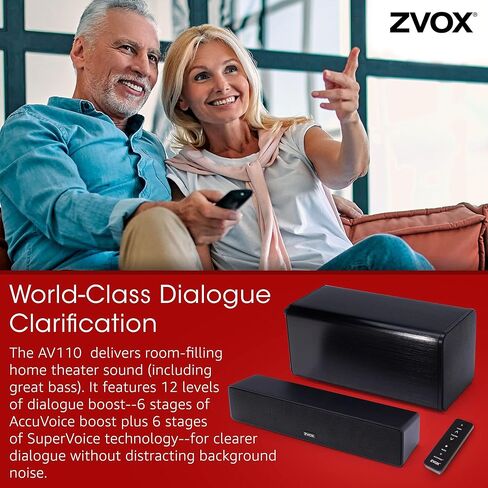 مكبر صوت تلفزيون ZVOX AccuVoice AV110، نظام مسرح منزلي صغير لتوضيح الحوار مع تقنية السمع الحاصلة على براءة اختراع، مكبرات صوت للتلفزيون مع مضخم صوت منفصل، نظام صوت صوتي، أسود in Kuwait