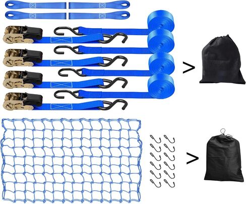 مجموعة أشرطة السقاطة مع شبكة بضائع شاحنة بيك اب بقوة 1800 رطل، أشرطة سقاطة للبضائع شديدة التحمل لشاحنات الدراجات النارية التي تتحرك شبكة بضائع مطاطية لتوفير أمان إضافي للسفر الآمن in Kuwait