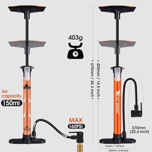 مضخة هواء للدراجة 160 رطل لكل بوصة مربعة، مضخات إطارات الدراجة المحمولة مع صمام شريدر وبريستا، مضخة هواء صغيرة للدراجة الأرضية مع إبر كروية وفوهة بالونات، منفاخ لكرة السلة in Kuwait