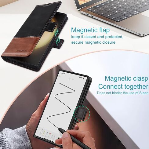 حافظة KEZiHOME لهاتف Samsung Galaxy S24 Ultra، مصنوعة من الجلد الطبيعي [RFID] حافظة محفظة لهاتف Galaxy S24 Ultra، غطاء هاتف واقٍ بفتحة للبطاقات متوافق مع هاتف Samsung S24 Ultra (أسود/بني) in Saudi Arabia