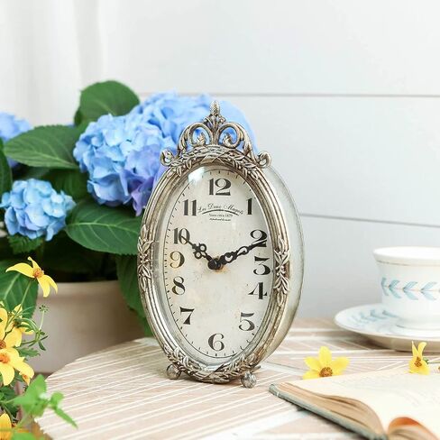 NIKKY HOME Vintage Table Clock, Silent Non-Ticking Battery Operated Desk Shelf Mantel Small Metal Clock for Living Room Decor - Retro Silver in Saudi Arabia