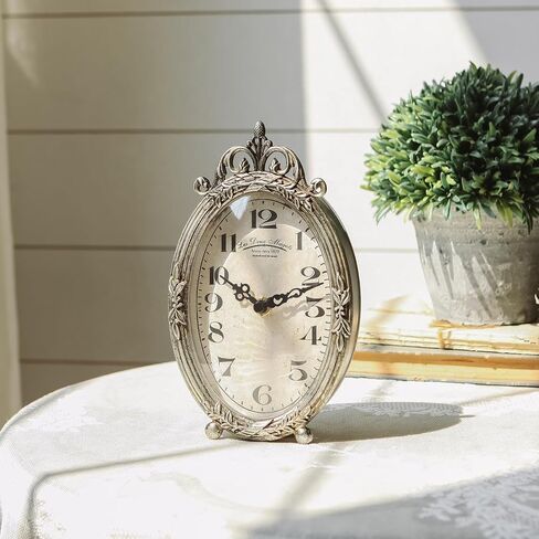 NIKKY HOME Vintage Table Clock, Silent Non-Ticking Battery Operated Desk Shelf Mantel Small Metal Clock for Living Room Decor - Retro Silver in Saudi Arabia