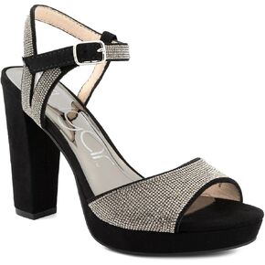 Sugar Women's Two Piece Block Heel Dress Shoe Ladies Ankle Strap Pump Sandal with Bead Detail - Open Back - Prisila Black 8.5