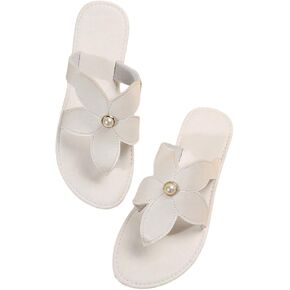 OYOANGLE Women's Faux Pearl Flower Decor Open Toe Flat Sandals Comfortable Trendy Flip Flops