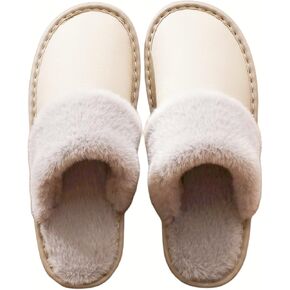 Men's Fuzzy Leather Upper Memory Foam Slippers Fluffy Winter Enclosed Toes Shoes for Bedroom, Living Room, Indoor & Outdoor