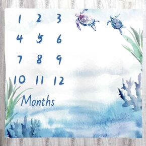 Baby Monthly Milestone Blanket, Blue Ocean Wildlife Turtles Newborn Photo Baby Memory Blanket BabyGrowth Chart Age Blanket, 48x40 Inch Nursery Baby Swaddling Blanket BTXTLY45